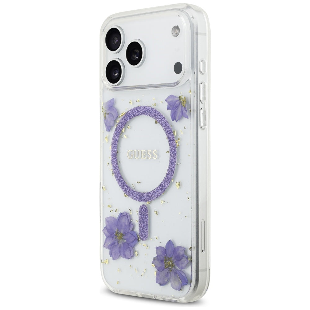 Husa MagSafe pentru Apple iPhone 17 Pro, Guess, Resin Flowers and Glitter, Mov