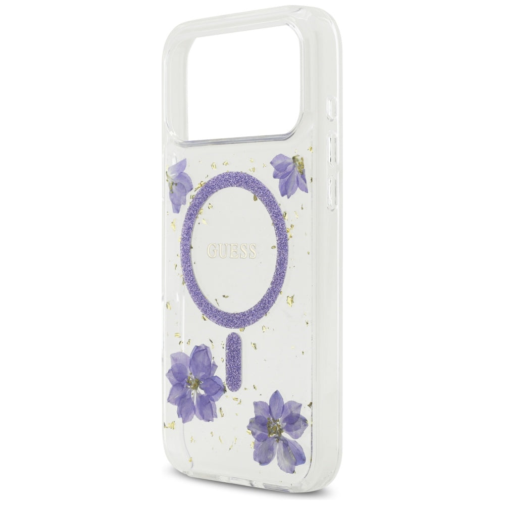 Husa MagSafe pentru Apple iPhone 17 Pro, Guess, Resin Flowers and Glitter, Mov