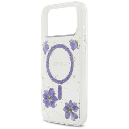 Husa MagSafe pentru Apple iPhone 17 Pro, Guess, Resin Flowers and Glitter, Mov
