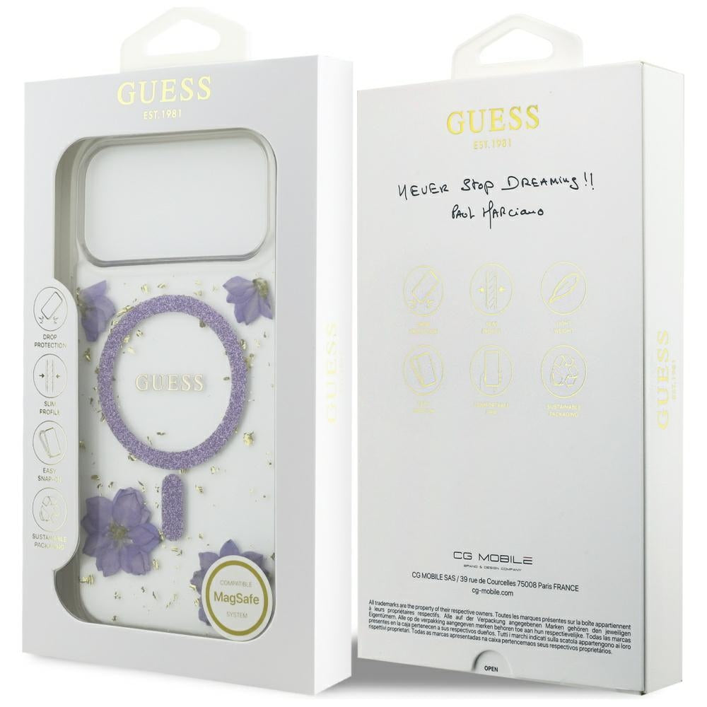 Husa MagSafe pentru Apple iPhone 17 Pro, Guess, Resin Flowers and Glitter, Mov
