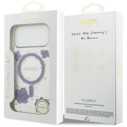 Husa MagSafe pentru Apple iPhone 17 Pro, Guess, Resin Flowers and Glitter, Mov