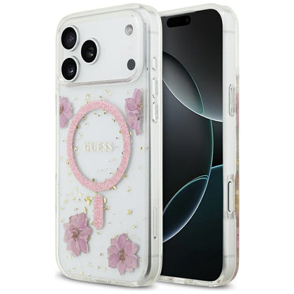 Husa MagSafe pentru Apple iPhone 17 Pro, Guess, Resin Flowers and Glitter, Roz