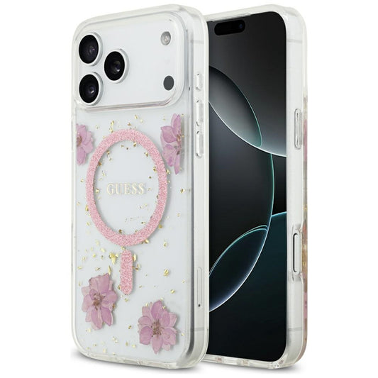 Husa MagSafe pentru Apple iPhone 17 Pro, Guess, Resin Flowers and Glitter, Roz