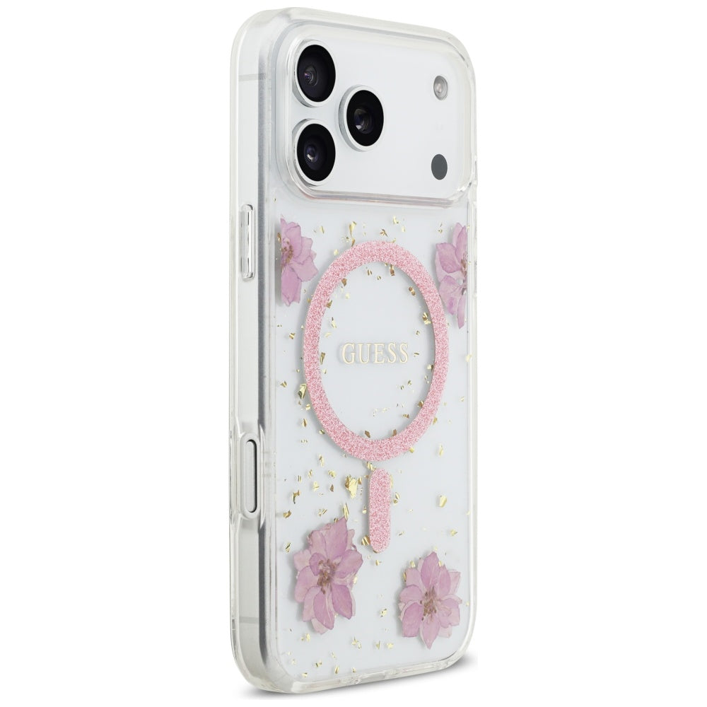Husa MagSafe pentru Apple iPhone 17 Pro, Guess, Resin Flowers and Glitter, Roz