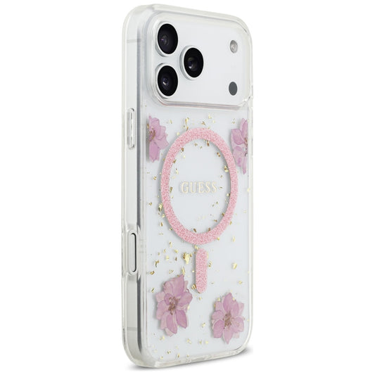 Husa MagSafe pentru Apple iPhone 17 Pro, Guess, Resin Flowers and Glitter, Roz
