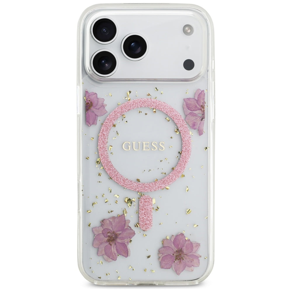 Husa MagSafe pentru Apple iPhone 17 Pro, Guess, Resin Flowers and Glitter, Roz