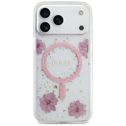 Husa MagSafe pentru Apple iPhone 17 Pro, Guess, Resin Flowers and Glitter, Roz