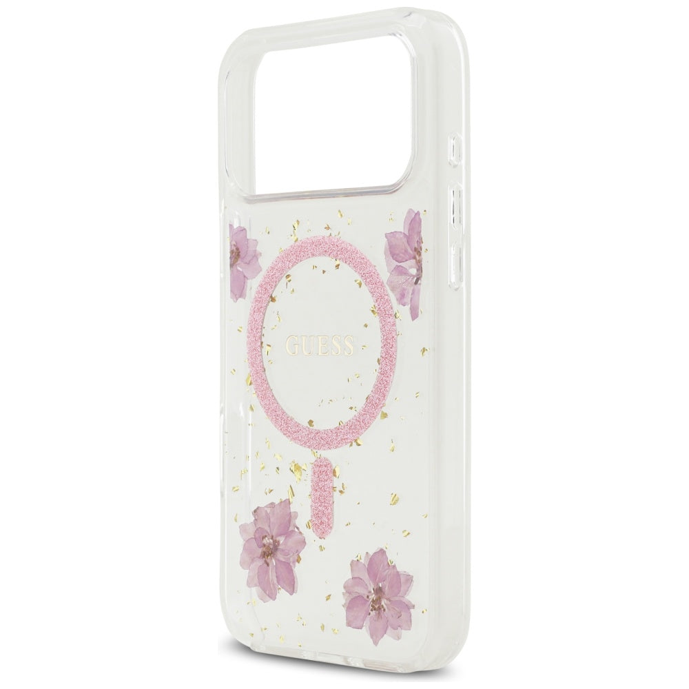Husa MagSafe pentru Apple iPhone 17 Pro, Guess, Resin Flowers and Glitter, Roz