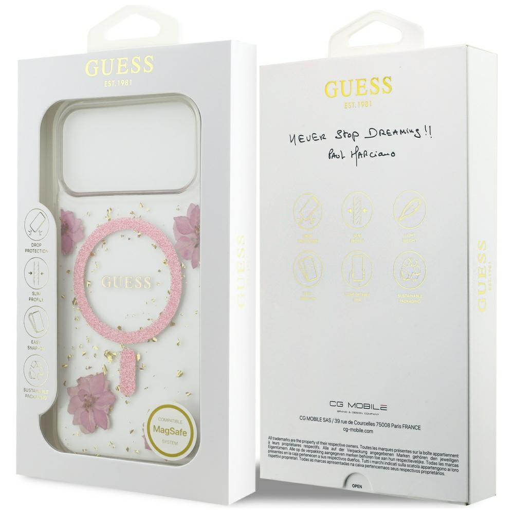 Husa MagSafe pentru Apple iPhone 17 Pro, Guess, Resin Flowers and Glitter, Roz