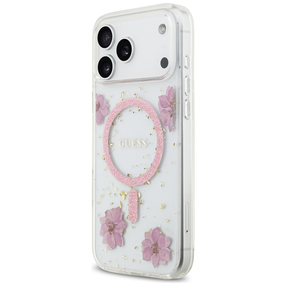 Husa MagSafe pentru Apple iPhone 17 Pro, Guess, Resin Flowers and Glitter, Roz