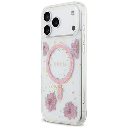 Husa MagSafe pentru Apple iPhone 17 Pro, Guess, Resin Flowers and Glitter, Roz