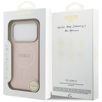 Husa MagSafe pentru Apple iPhone 17 Pro, Guess, Saffiano Classic Logo, Roz
