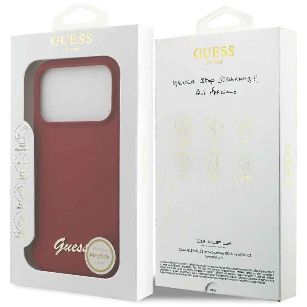 Husa MagSafe pentru Apple iPhone 17 Pro, Guess, Script Metal Logo, Rosie