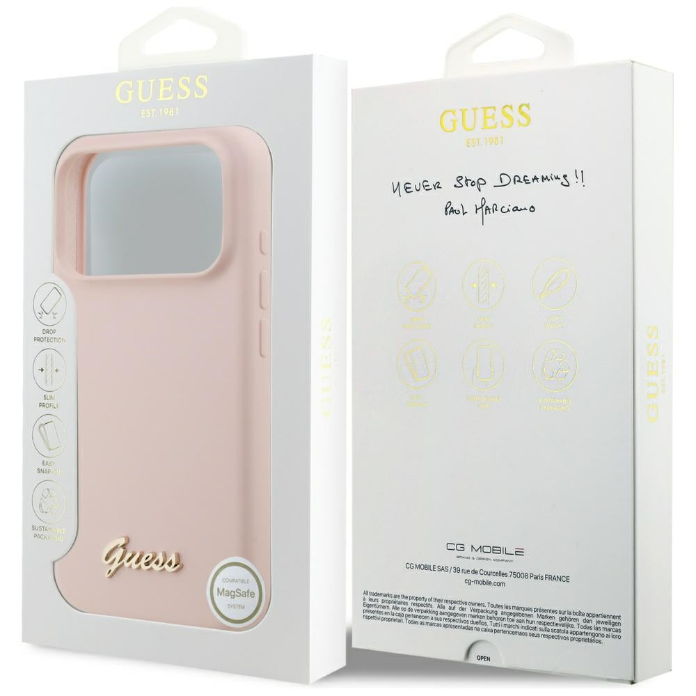 Husa MagSafe pentru Apple iPhone 17 Pro, Guess, Script Metal Logo, Roz Deschis