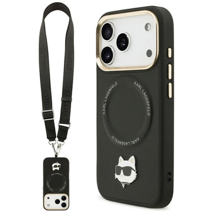 Husa MagSafe pentru Apple iPhone 17 Pro, Karl Lagerfeld, Big Strap Choupette Metal Logo, Neagra