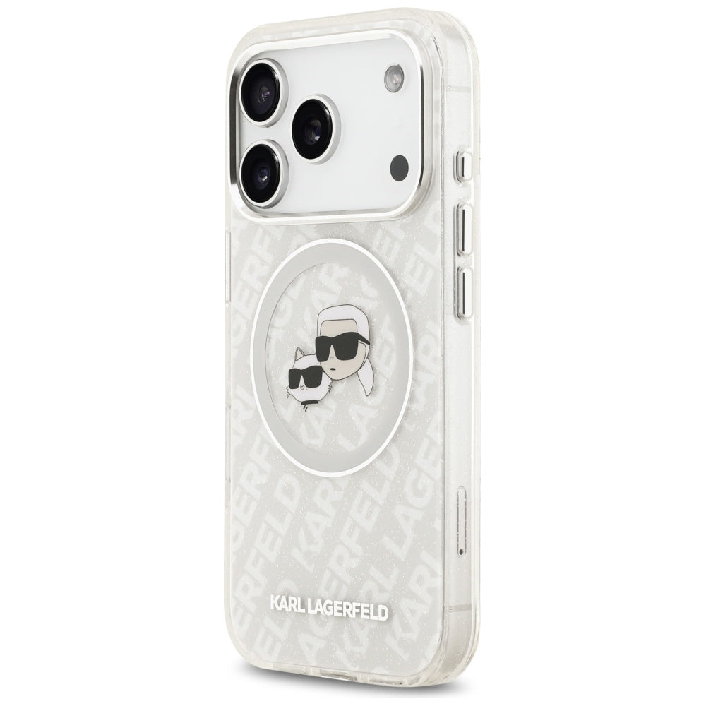 Husa MagSafe pentru Apple iPhone 17 Pro, Karl Lagerfeld, Glitter Karl & Choupette Head, Alba
