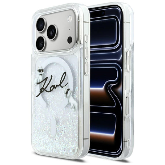 Husa MagSafe pentru Apple iPhone 17 Pro, Karl Lagerfeld, Glitter Karl Script Logo, Transparenta