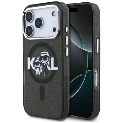 Husa MagSafe pentru Apple iPhone 17 Pro, Karl Lagerfeld, IML Sketch Logo Glitter Karl & Choupette, Neagra