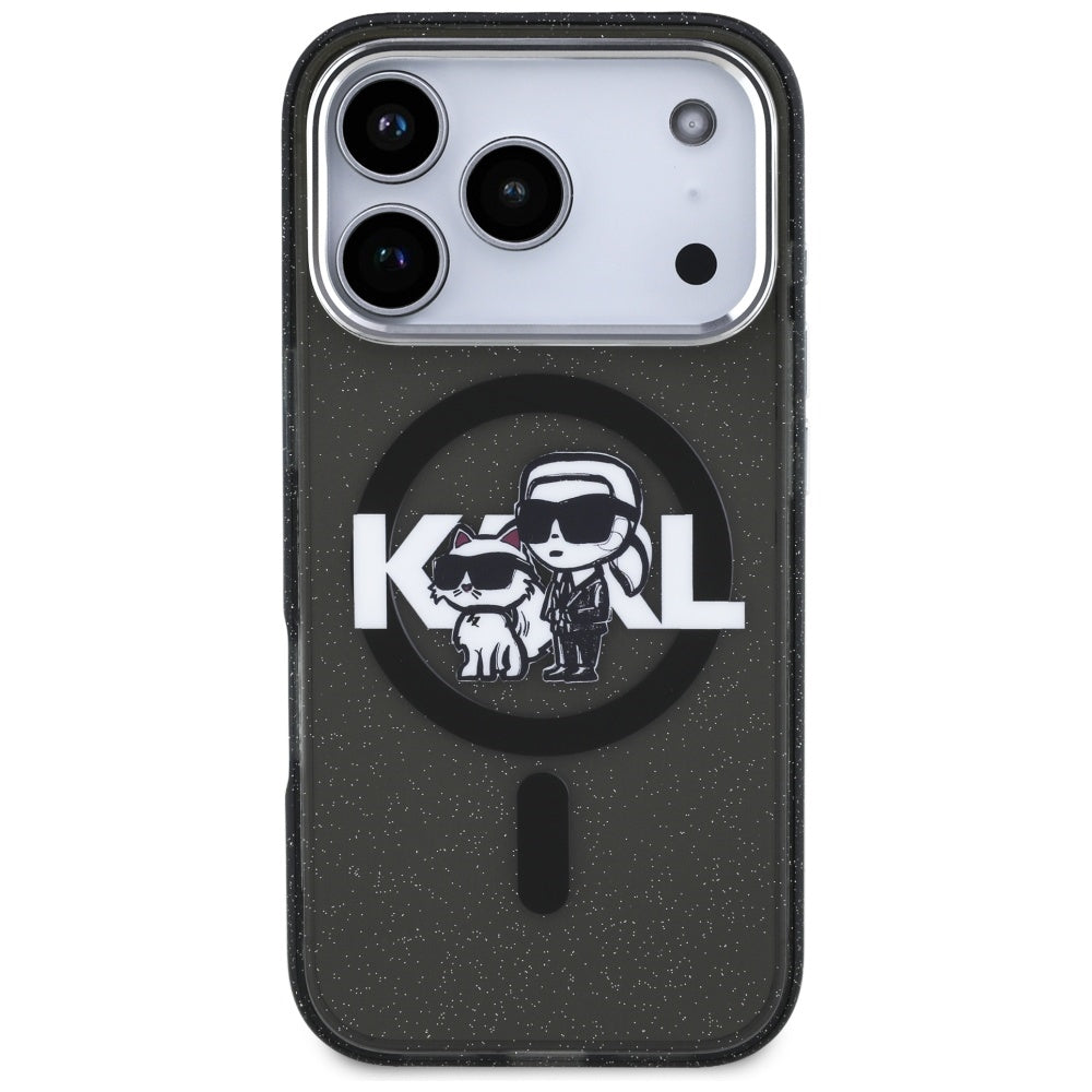 Husa MagSafe pentru Apple iPhone 17 Pro, Karl Lagerfeld, IML Sketch Logo Glitter Karl & Choupette, Neagra