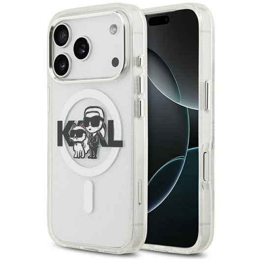 Husa MagSafe pentru Apple iPhone 17 Pro, Karl Lagerfeld, IML Sketch Logo Glitter Karl & Choupette , Transparenta