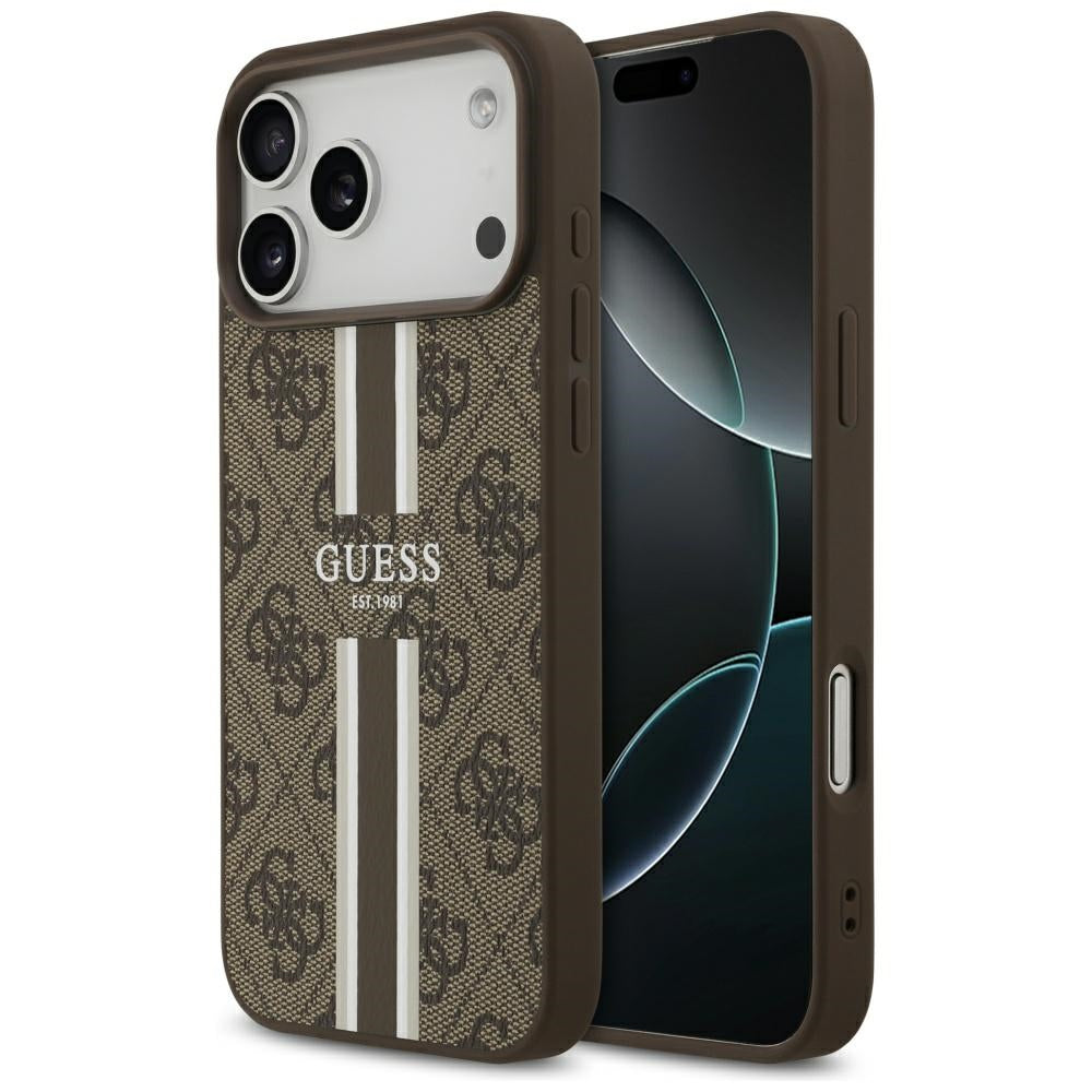 Husa MagSafe pentru Apple iPhone 17 Pro Max, Guess, 4G Printed Stripes, Maro