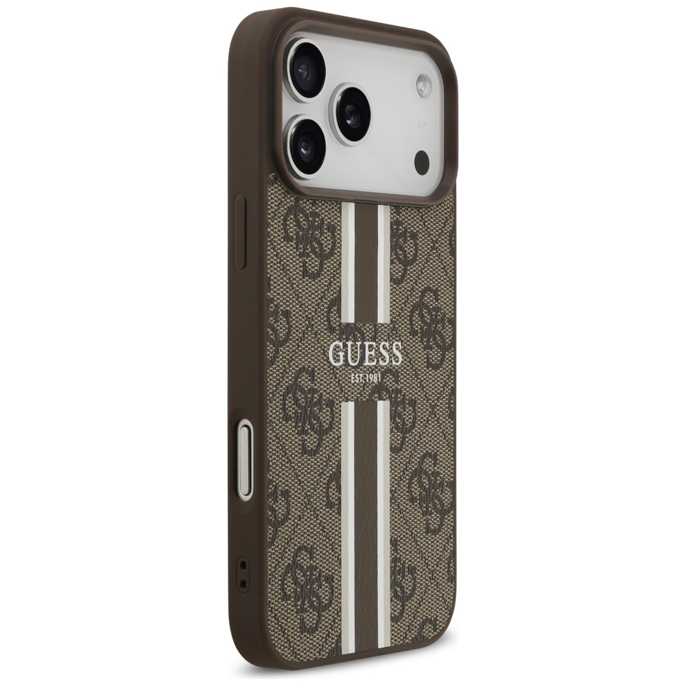 Husa MagSafe pentru Apple iPhone 17 Pro Max, Guess, 4G Printed Stripes, Maro