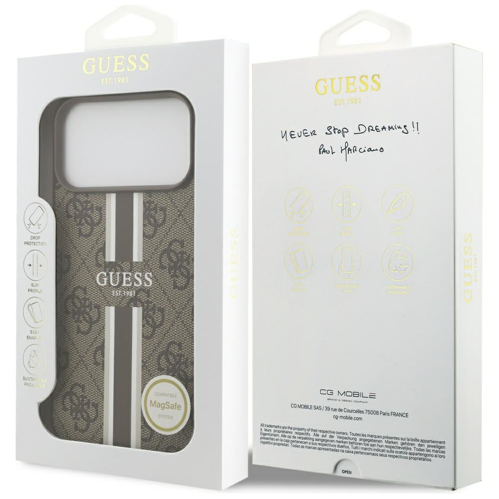 Husa MagSafe pentru Apple iPhone 17 Pro Max, Guess, 4G Printed Stripes, Maro