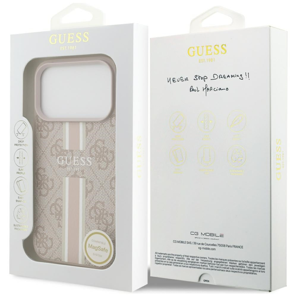 Husa MagSafe pentru Apple iPhone 17 Pro Max, Guess, 4G Printed Stripes, Roz