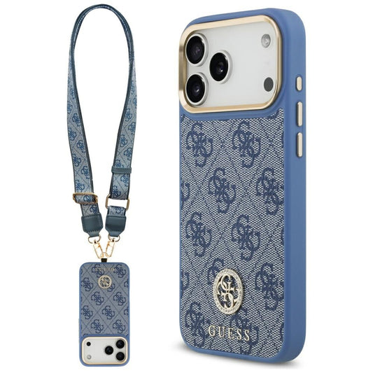 Husa MagSafe pentru Apple iPhone 17 Pro Max, Guess, 4G Strass Logo with Big Strap, Albastra
