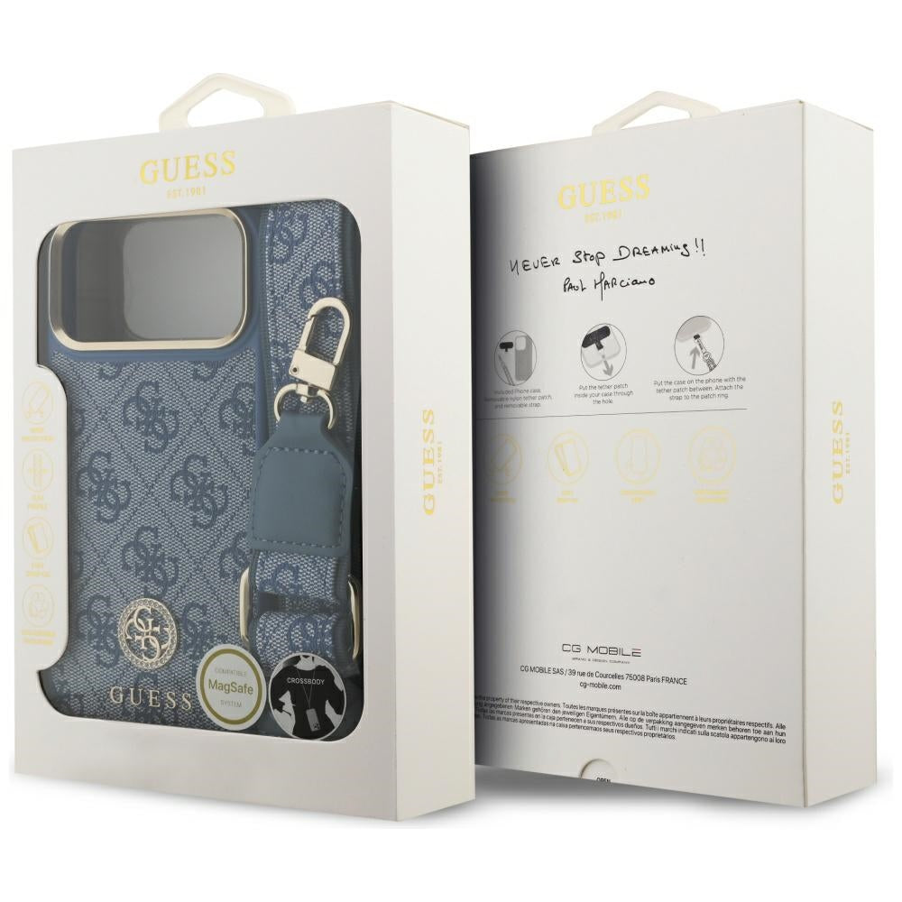 Husa MagSafe pentru Apple iPhone 17 Pro Max, Guess, 4G Strass Logo with Big Strap, Albastra