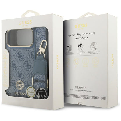 Husa MagSafe pentru Apple iPhone 17 Pro Max, Guess, 4G Strass Logo with Big Strap, Albastra