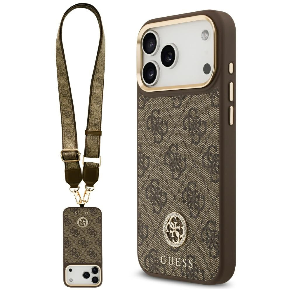 Husa MagSafe pentru Apple iPhone 17 Pro Max, Guess, 4G Strass Logo with Big Strap, Maro