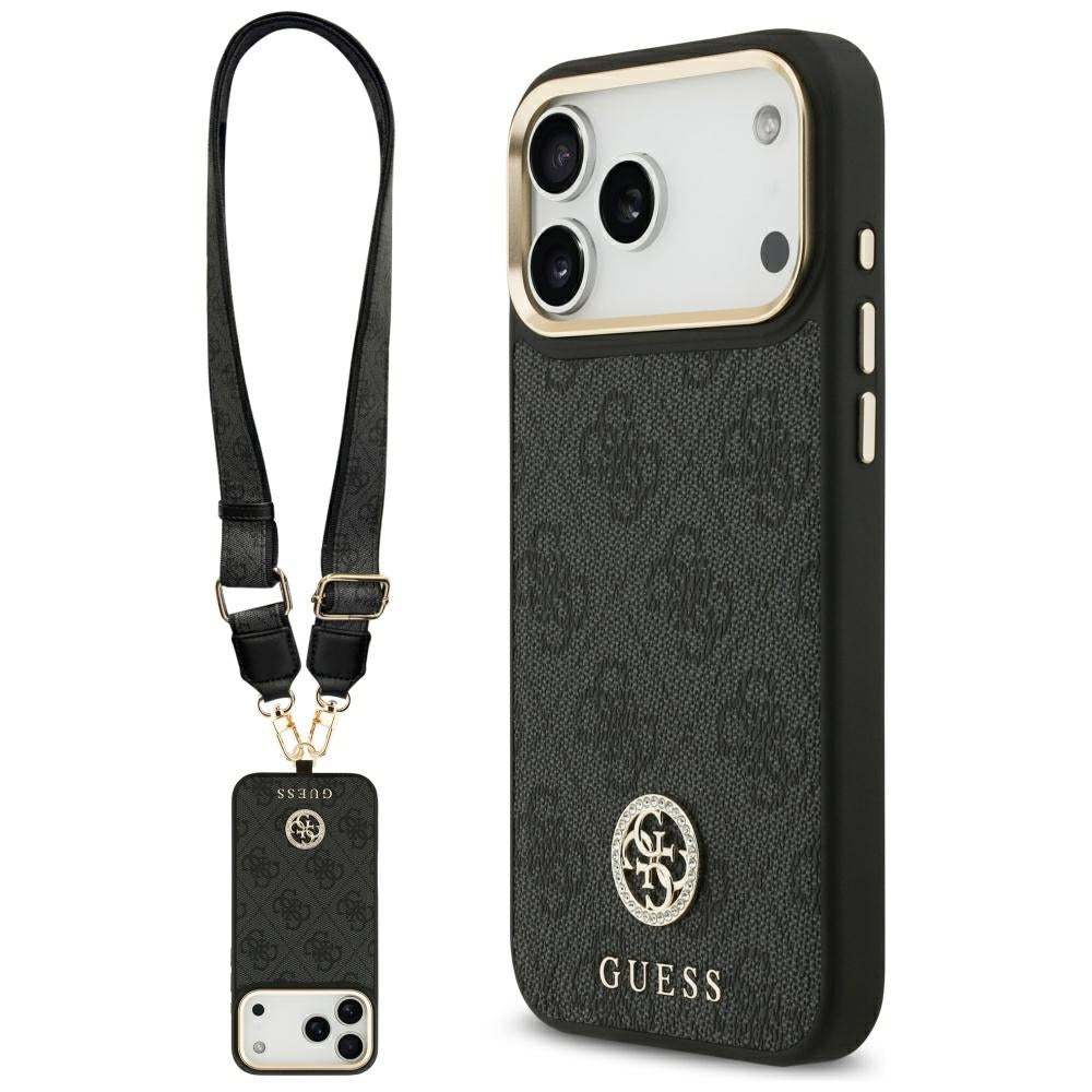 Husa MagSafe pentru Apple iPhone 17 Pro Max, Guess, 4G Strass Logo with Big Strap, Neagra