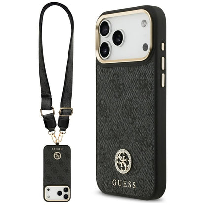 Husa MagSafe pentru Apple iPhone 17 Pro Max, Guess, 4G Strass Logo with Big Strap, Neagra