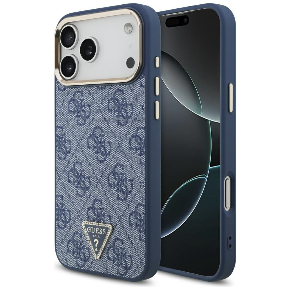 Husa MagSafe pentru Apple iPhone 17 Pro Max, Guess, 4G Triangle Logo, Albastra Aurie