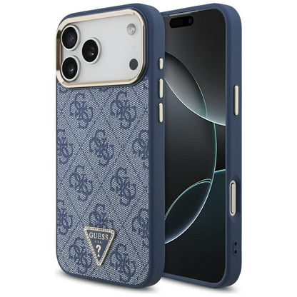 Husa MagSafe pentru Apple iPhone 17 Pro Max, Guess, 4G Triangle Logo, Albastra Aurie