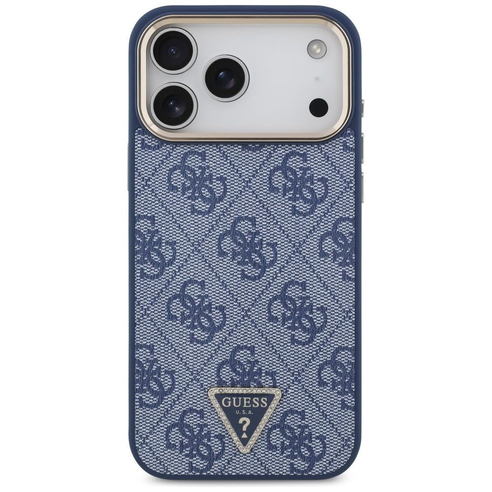Husa MagSafe pentru Apple iPhone 17 Pro Max, Guess, 4G Triangle Logo, Albastra Aurie