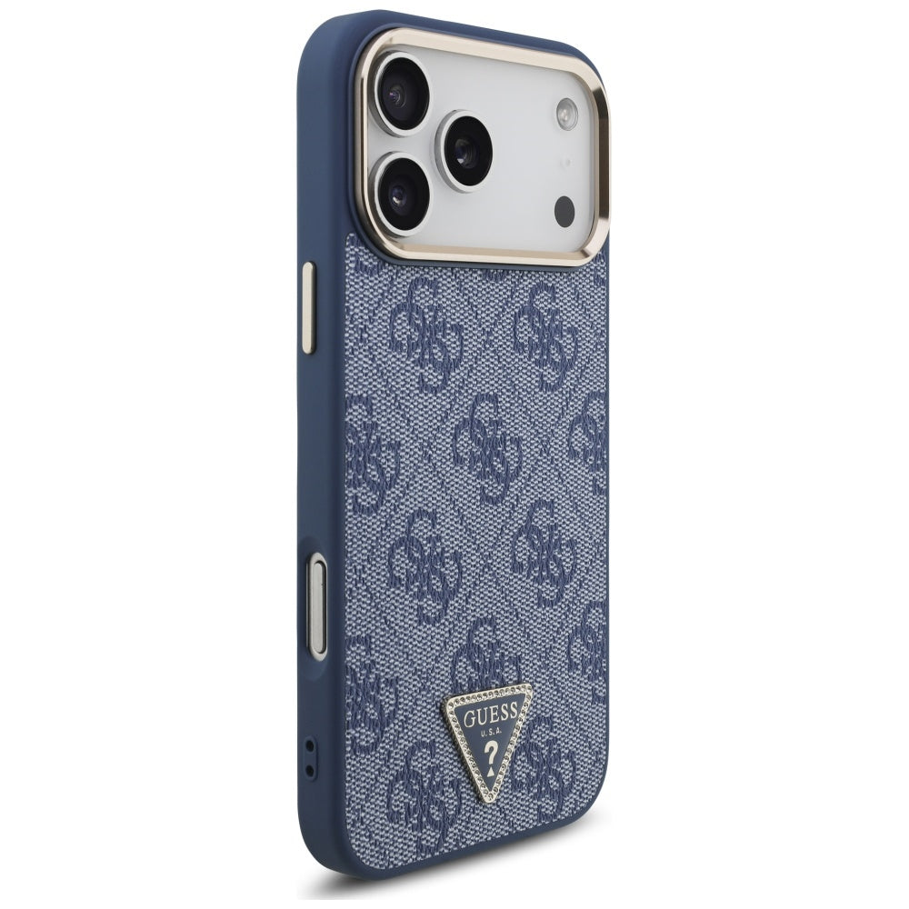 Husa MagSafe pentru Apple iPhone 17 Pro Max, Guess, 4G Triangle Logo, Albastra Aurie