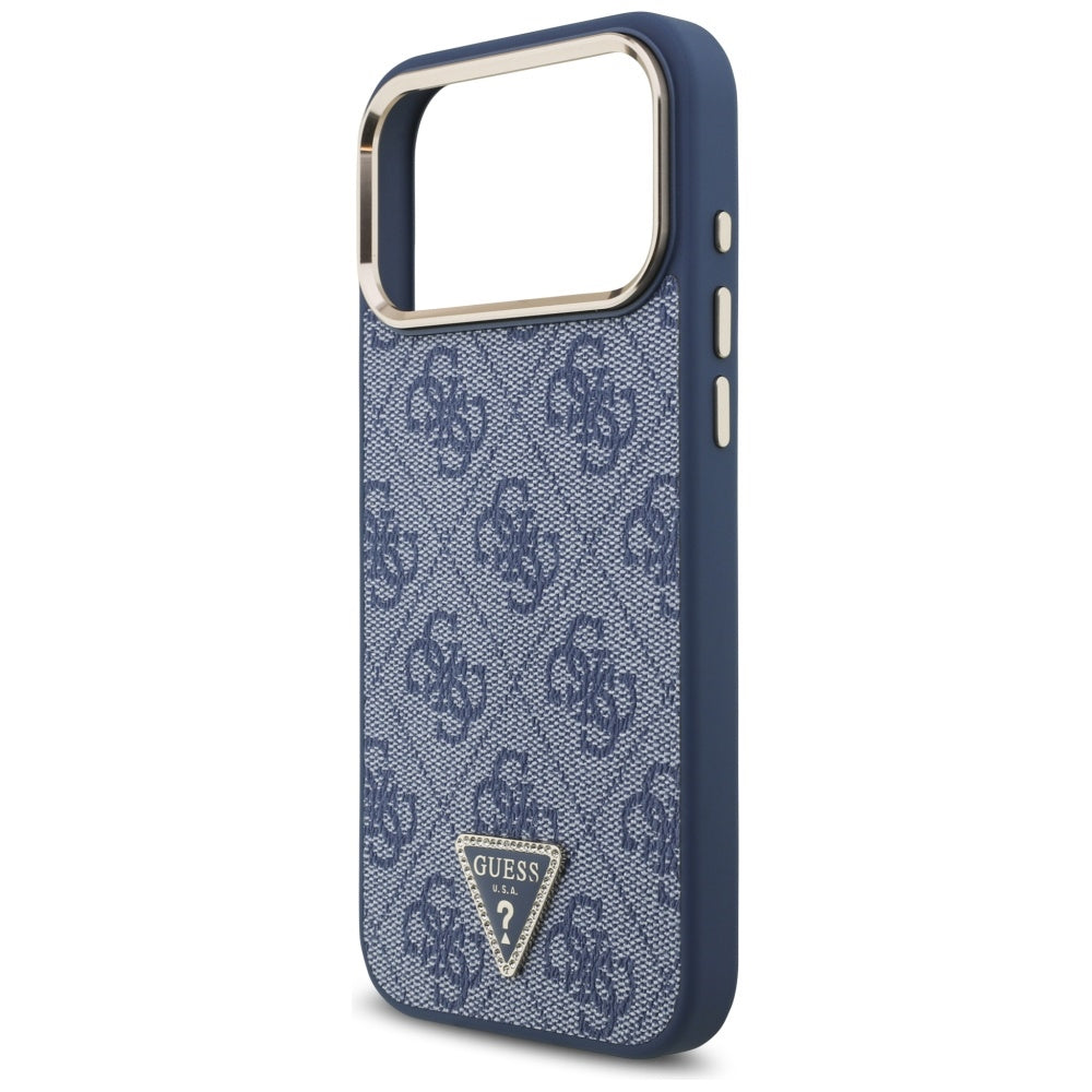 Husa MagSafe pentru Apple iPhone 17 Pro Max, Guess, 4G Triangle Logo, Albastra Aurie