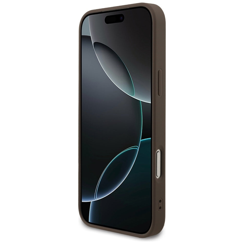 Husa MagSafe pentru Apple iPhone 17 Pro Max, Guess, 4G Triangle Logo Cord Strap, Maro