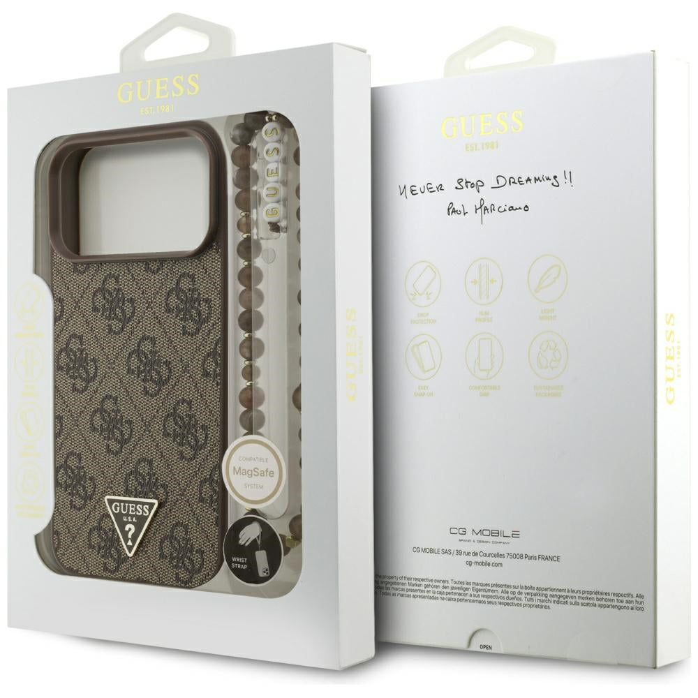 Husa MagSafe pentru Apple iPhone 17 Pro Max, Guess, 4G Triangle Logo Cord Strap, Maro