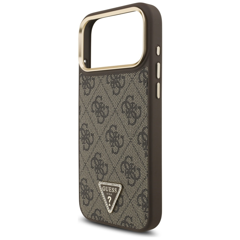 Husa MagSafe pentru Apple iPhone 17 Pro Max, Guess, 4G Triangle Logo, Maro Aurie