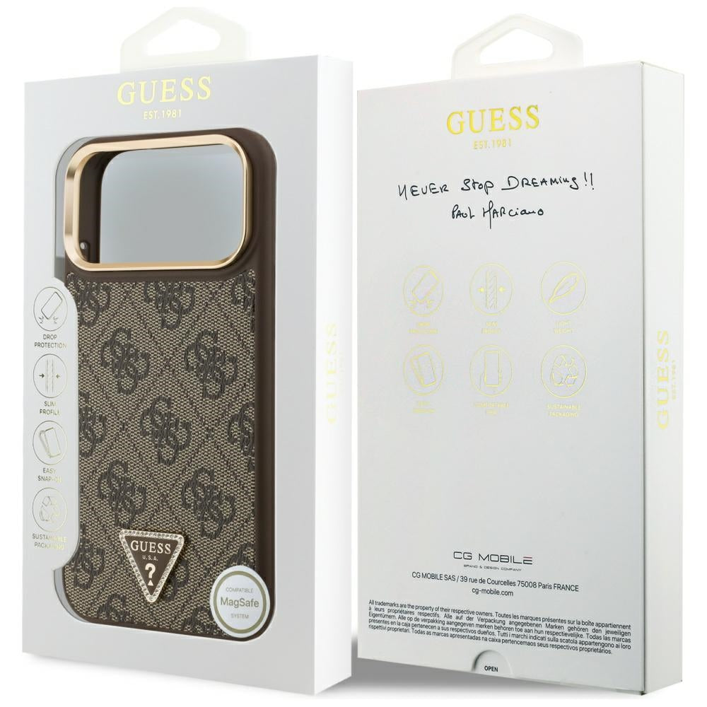 Husa MagSafe pentru Apple iPhone 17 Pro Max, Guess, 4G Triangle Logo, Maro Aurie