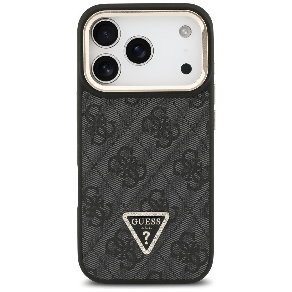 Husa MagSafe pentru Apple iPhone 17 Pro Max, Guess, 4G Triangle Logo with Stand Camera, Neagra Aurie