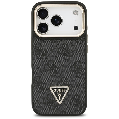 Husa MagSafe pentru Apple iPhone 17 Pro Max, Guess, 4G Triangle Logo with Stand Camera, Neagra Aurie