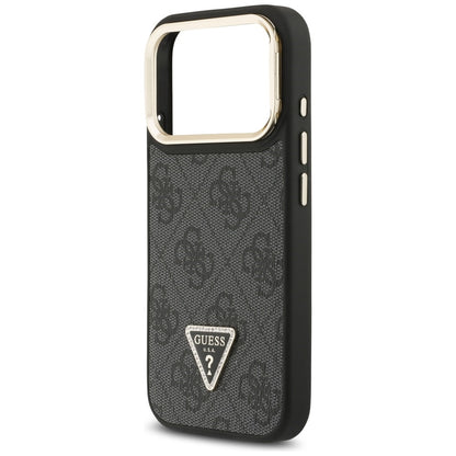 Husa MagSafe pentru Apple iPhone 17 Pro Max, Guess, 4G Triangle Logo with Stand Camera, Neagra Aurie