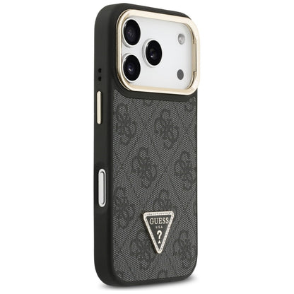 Husa MagSafe pentru Apple iPhone 17 Pro Max, Guess, 4G Triangle Logo with Stand Camera, Neagra Aurie