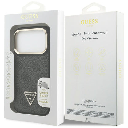 Husa MagSafe pentru Apple iPhone 17 Pro Max, Guess, 4G Triangle Logo with Stand Camera, Neagra Aurie
