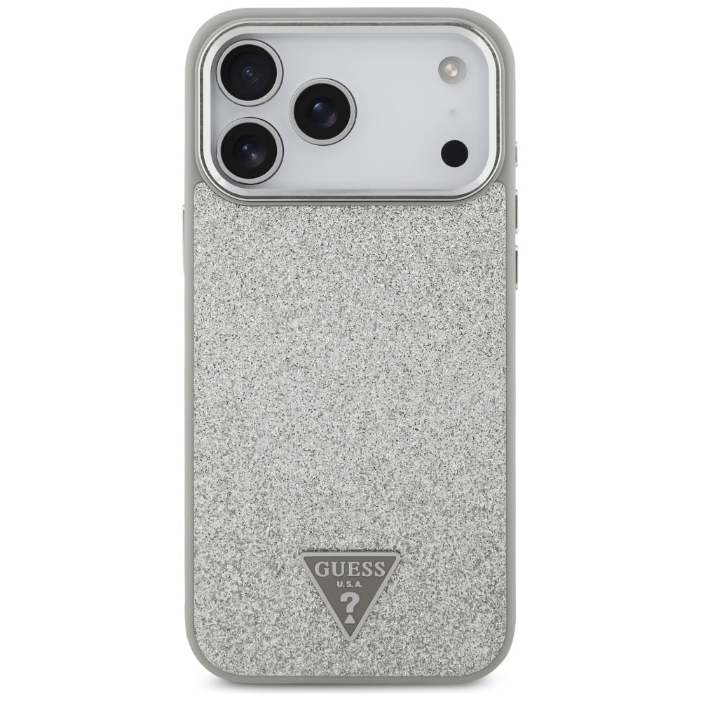 Husa MagSafe pentru Apple iPhone 17 Pro Max, Guess, Glitter Triangle Logo, Argintie
