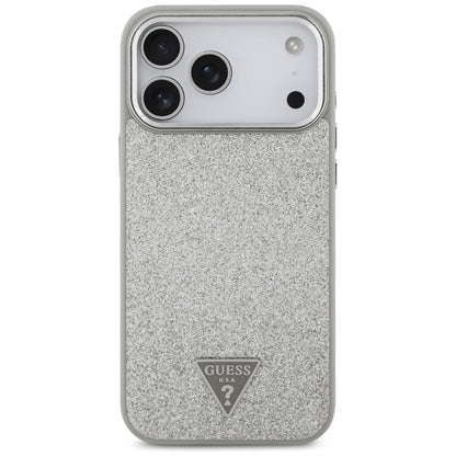 Husa MagSafe pentru Apple iPhone 17 Pro Max, Guess, Glitter Triangle Logo, Argintie